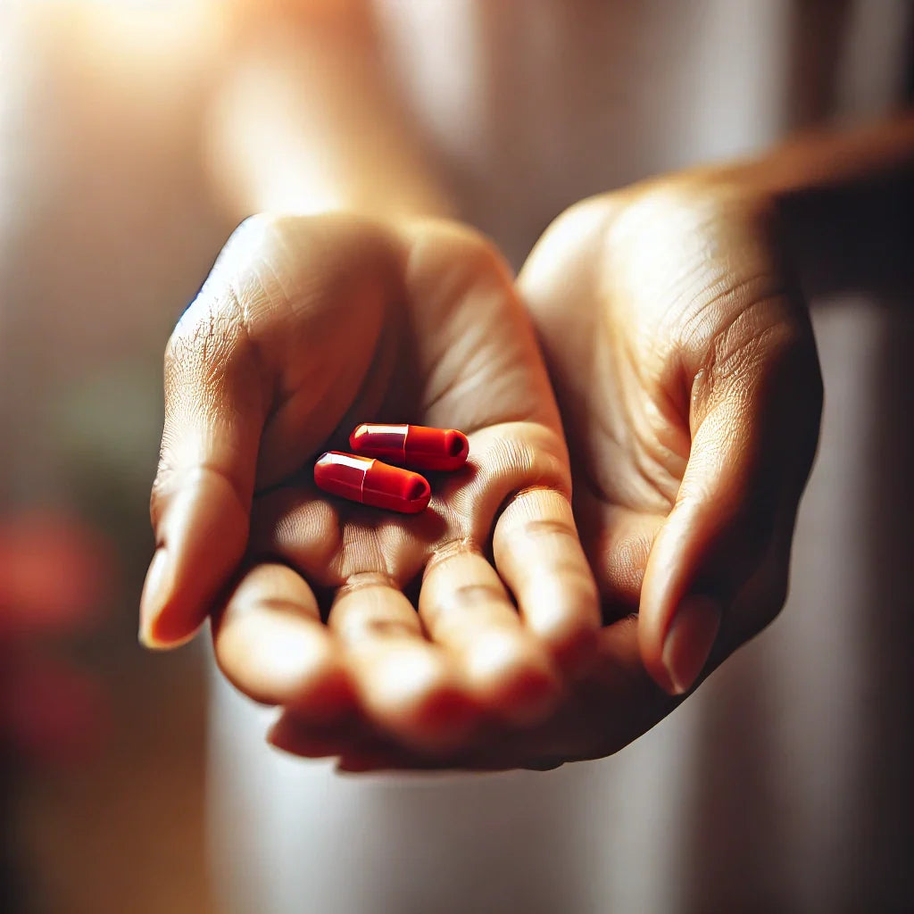 DALL_E_2024-10-31_08.51.45_-_A_close-up_image_of_a_hand_holding_two_red_capsules_in_the_cup_of_her_palm._The_hand_should_be_feminine_and_natural_with_the_capsules_prominently_dis.webp